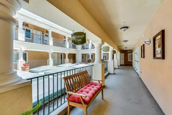 Interior hallway with seating and decorative elements
