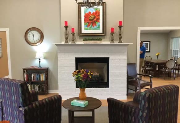 Cozy common area with fireplace and seating