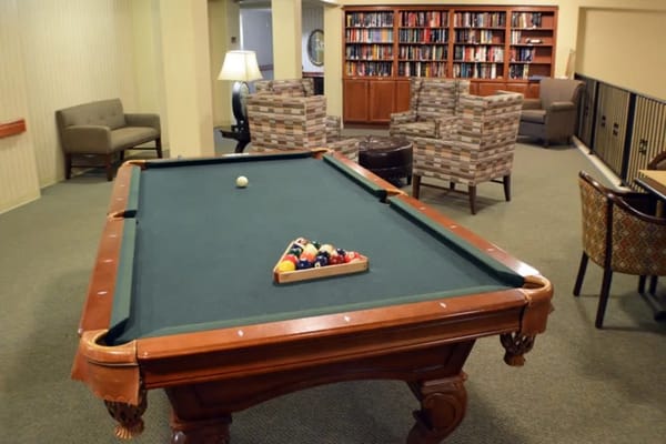 Pool table in a common area with bookshelves