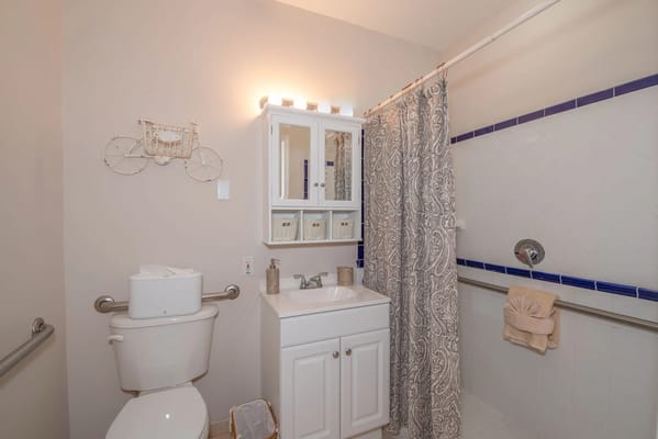 Stylish bathroom with sink, mirror, and decorative shower curtain.
