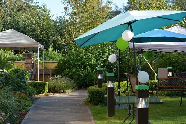 Outdoor garden area with seating and decorations