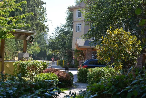 Pathway leading to a senior living facility surrounded by greenery