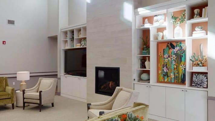 Bright interior of a common area with seating and decor