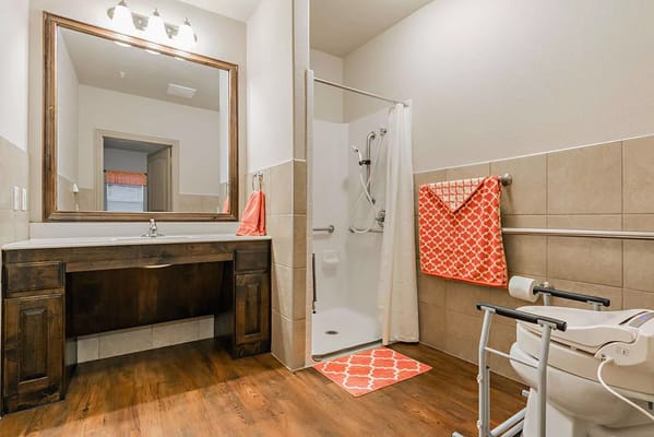 Modern assisted living bathroom with safety features
