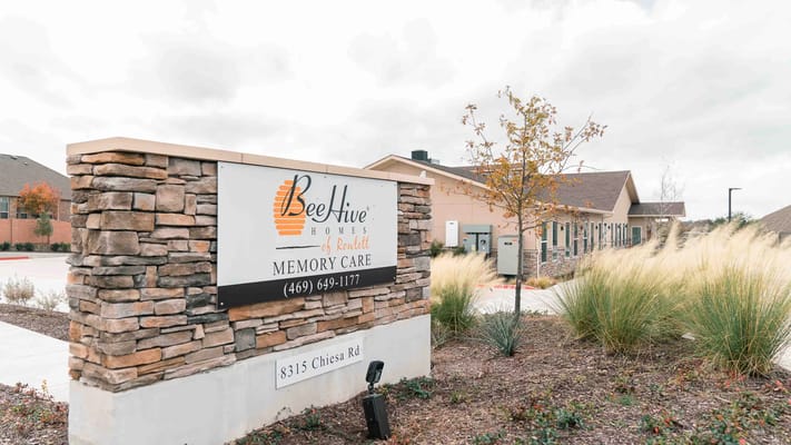 Exterior sign of BeeHive Homes Memory Care facility