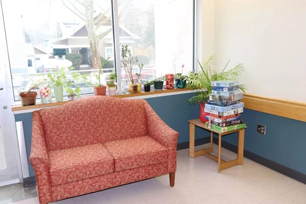 Cozy seating area with plants and games