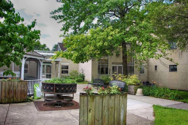A serene outdoor space with benches and greenery