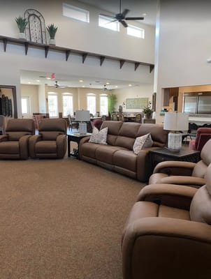 Interior view of a cozy common area with seating