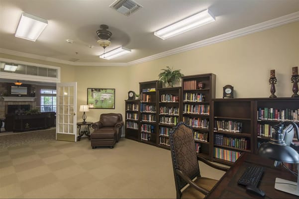 Interior of a library in a senior living facility