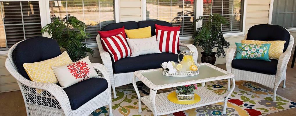 Cozy outdoor seating area with colorful cushions