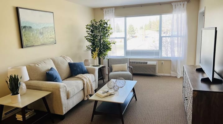 Cozy living room with a sofa and natural light