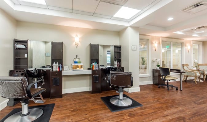Well-lit hair salon area in senior care facility