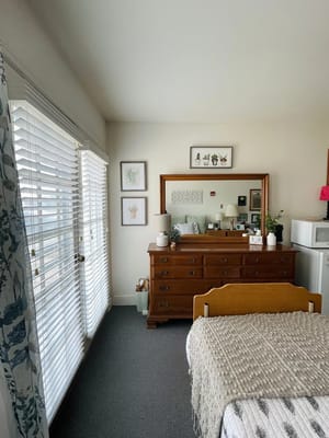Bright bedroom with a wooden dresser and large windows