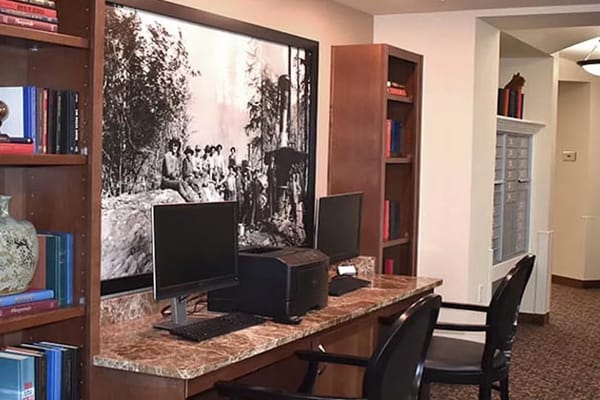 A computer station in a cozy interior space