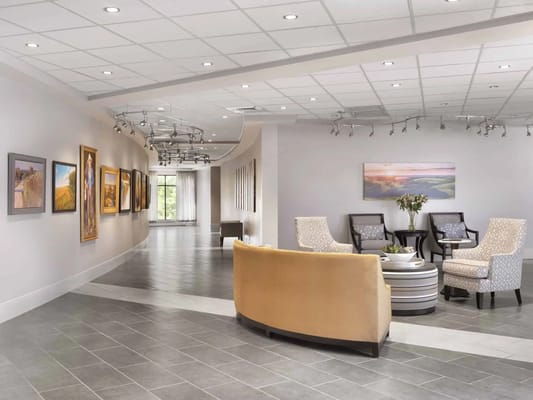 An inviting common area with artwork on the walls