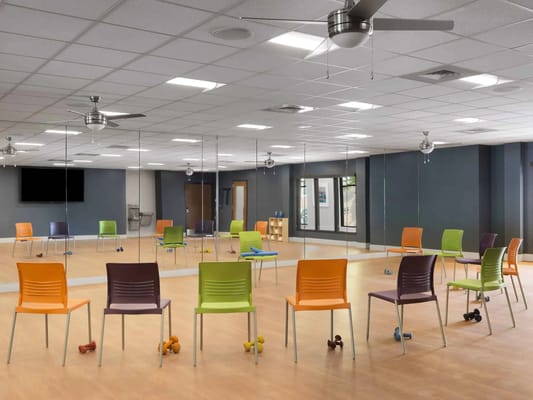 Activity room set up for exercise classes