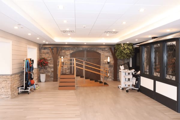 Interior lobby with accessible ramp and seating area