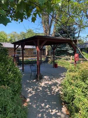 Seating area under a gazebo in a garden