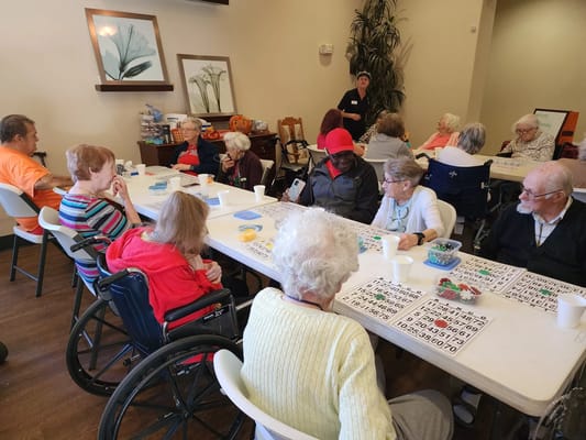 A group of seniors playing bingo in a social activity room.