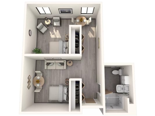 A top-down view of a two-bedroom floor plan.