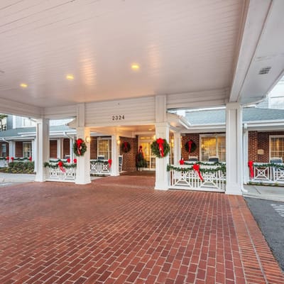 Front entrance of Brightmore of Wilmington decorated for Christmas