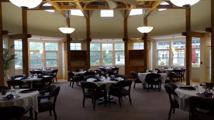Bright dining room with neatly arranged tables