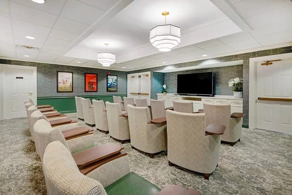 Bright and modern common area with seating