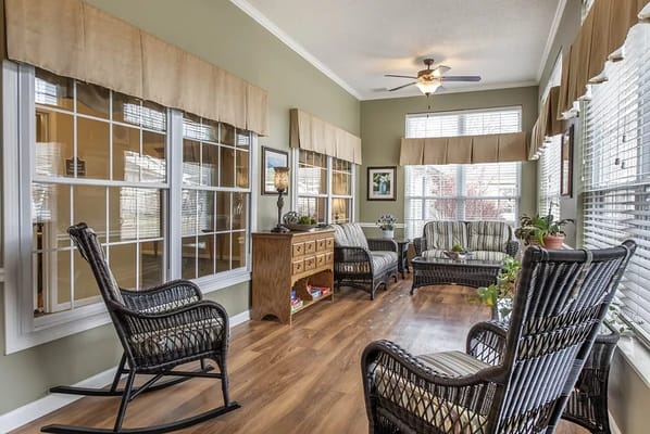 Bright and inviting common area with seating