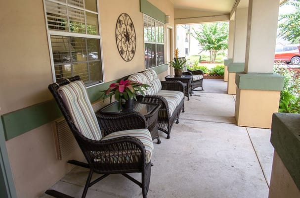 Seating area with plants in a shaded outdoor space