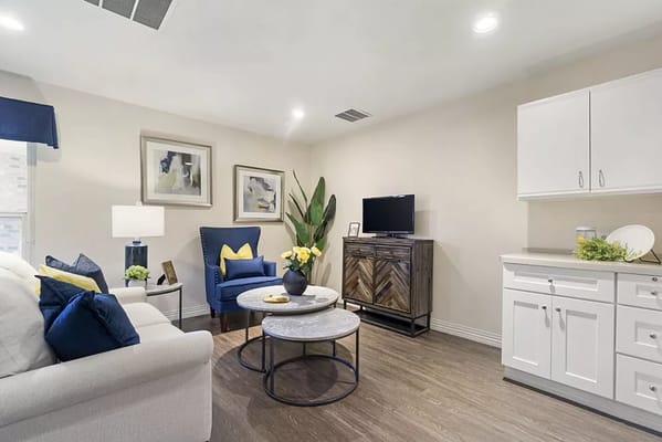 Bright living room with comfortable seating and decor