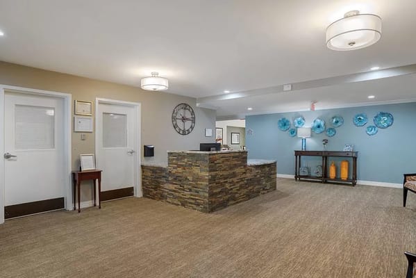 Bright and welcoming lobby area with a reception desk