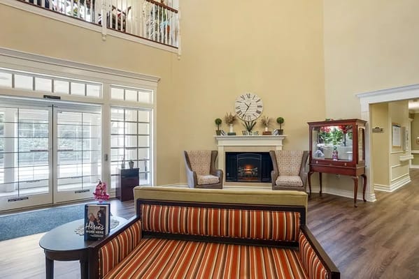 Bright and welcoming lobby area of a senior living facility