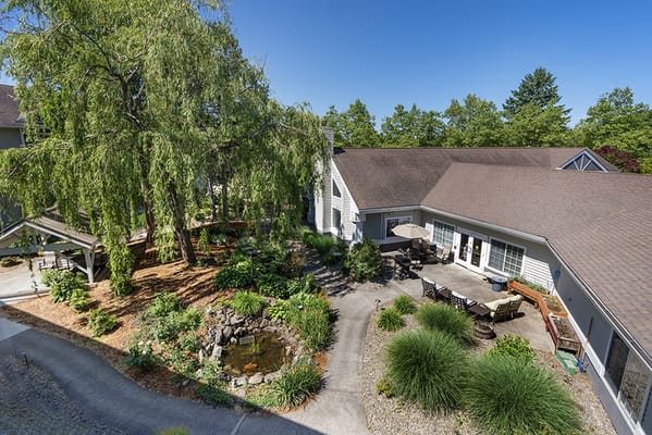 Aerial view of a serene outdoor space with a pond
