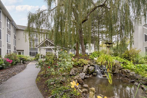 Beautiful garden area with a pathway and water feature