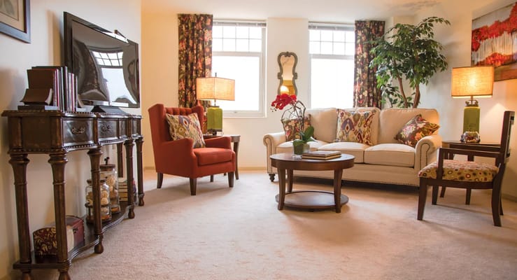 Cozy interior common area with a couch and decor