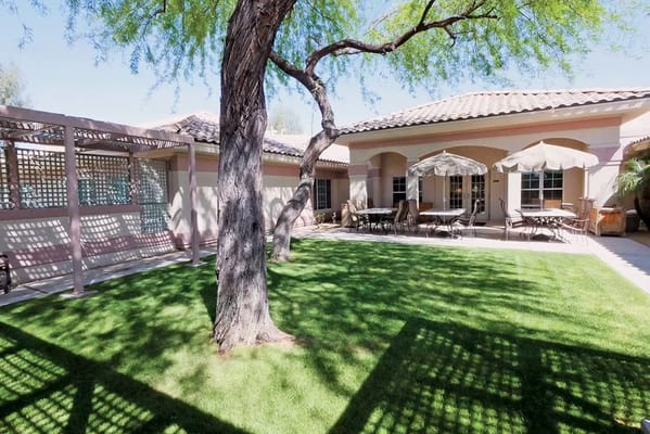 Outdoor courtyard with shaded seating and green lawn