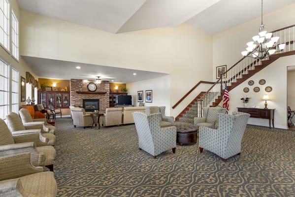 Bright and spacious interior common area with seating