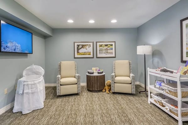 Cozy lounge area with two chairs and decor