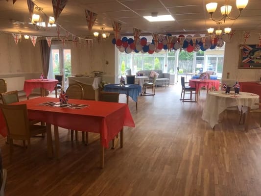 Common area decorated for a celebratory event