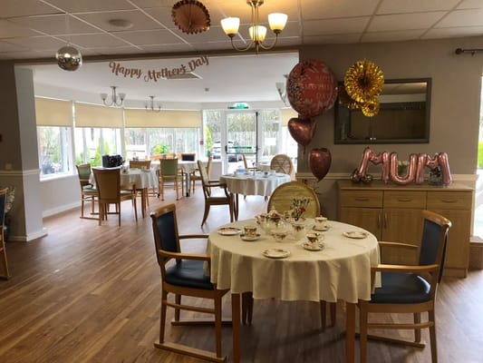 Dining area decorated for Mother's Day celebration