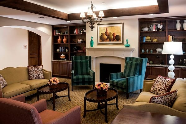 Cozy lounge area with comfortable seating and bookshelves