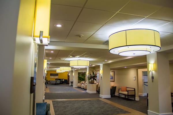 Bright interior view of a common area with seating