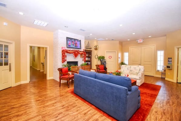 Common area with seating and decorations for celebration