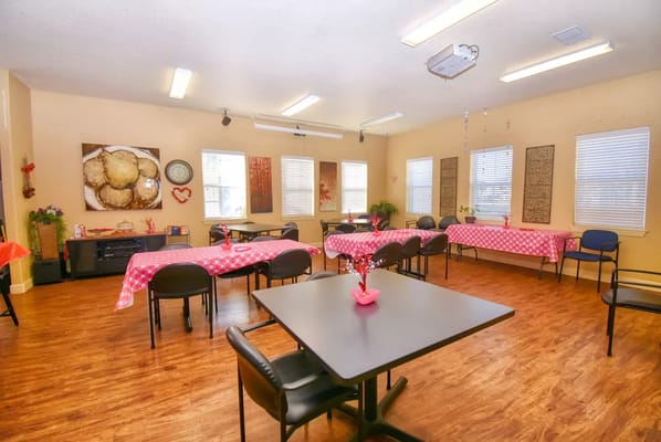 Bright dining room with festive table settings