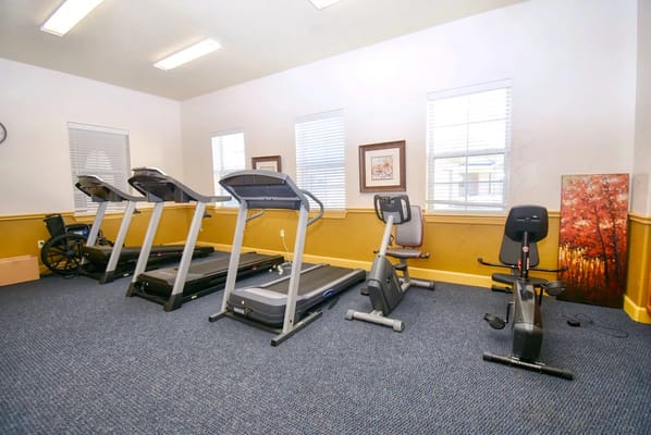Fitness equipment in a well-lit exercise room