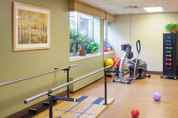 Therapy room with exercise equipment and colorful balls