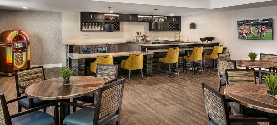 Interior dining area with tables and bar seating