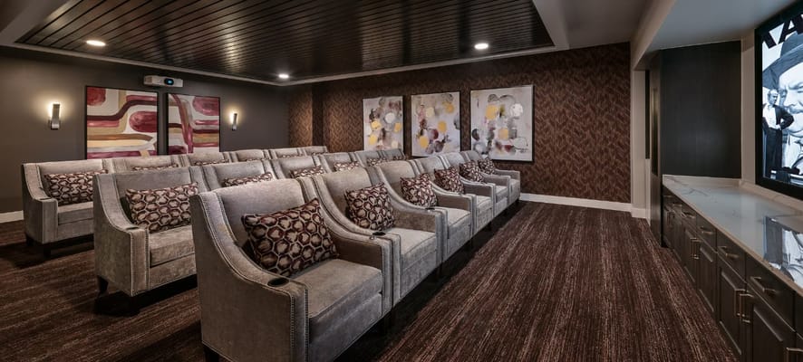 Interior movie theater with plush seating