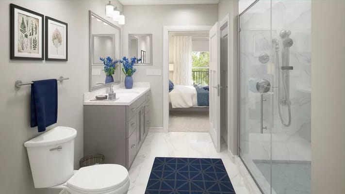 Modern bathroom design with floral decor and natural light