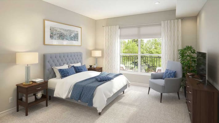 A well-decorated private resident room with natural light